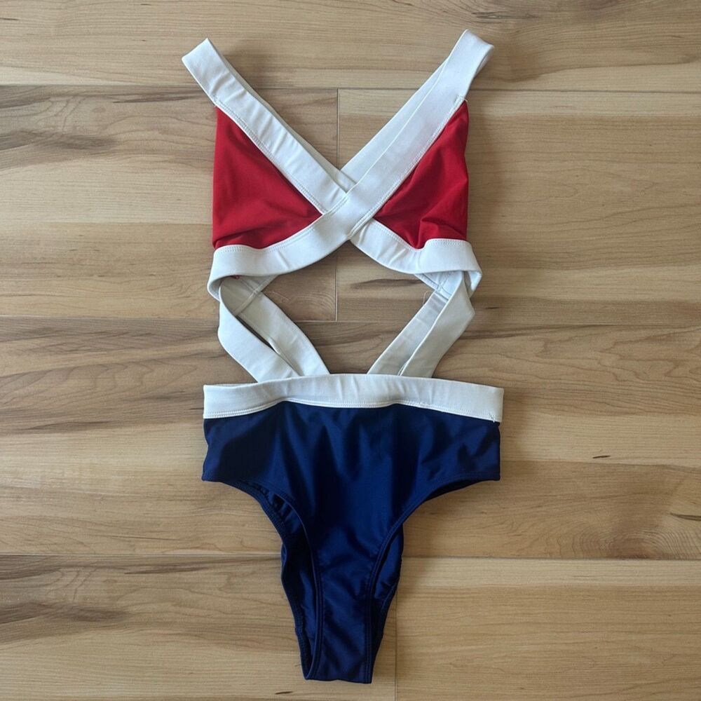 Mia Marcelle Swimwear Joi Strappy Monokini One Piece Red White Blue Size Small